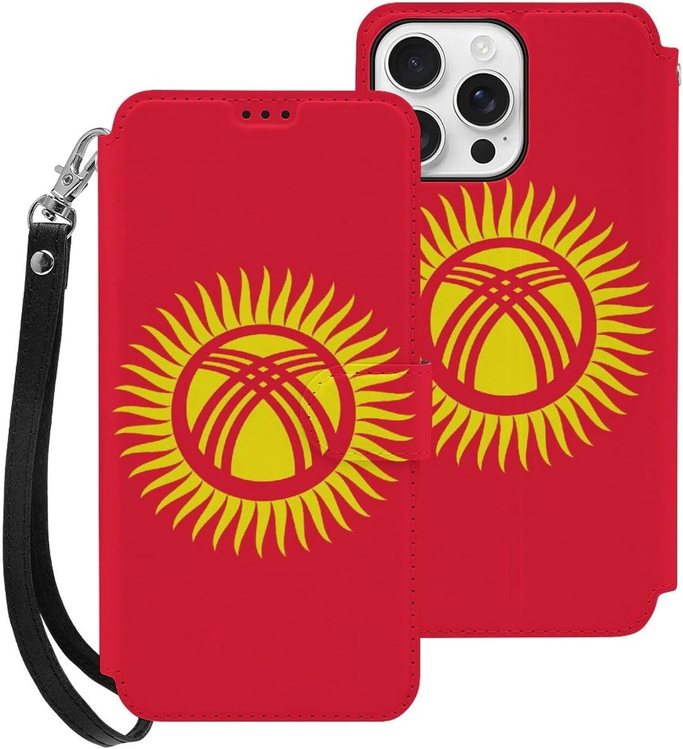 Kyrgyzstan Kyrgyz Flag Yellow Sun Compatible with iPhone 16/16 Plus/16 Pro/16 Pro Max/16 E Case Phone Wallet Card Holder Flip Cover with Wrist Strap