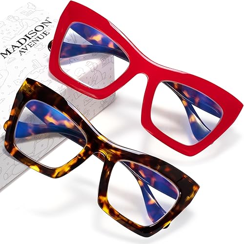 Madison Avenue Paquete de 2 anteojos cuadrados de gran tamaño con bloqueo de luz azul para mujer, anteojos gruesos para computadora de ojo de gato