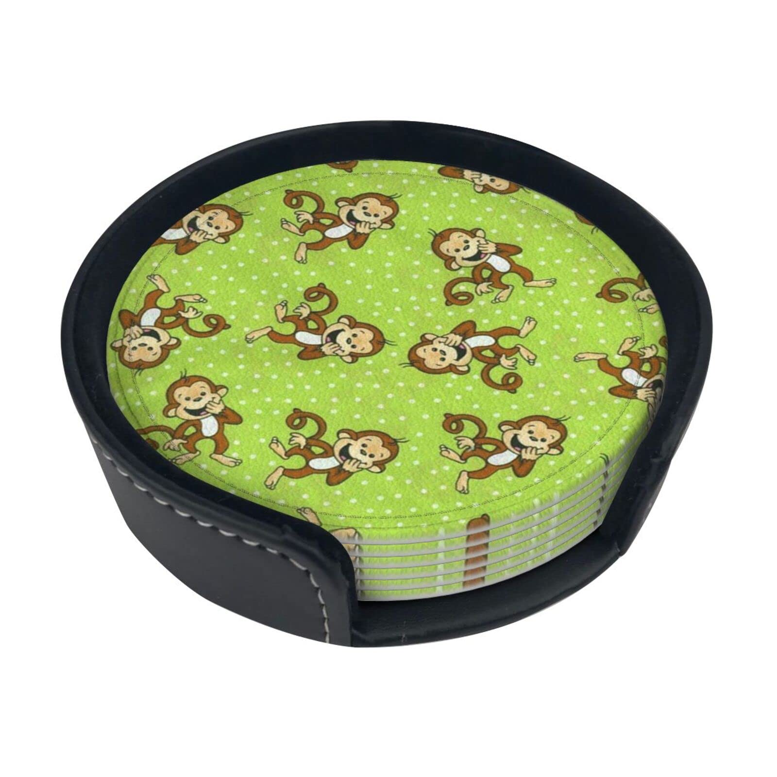 Coasters Set Of 6 Green Clever Monkey Print Leather Coasters For Drinks,Home Décor And Housewarming Gift