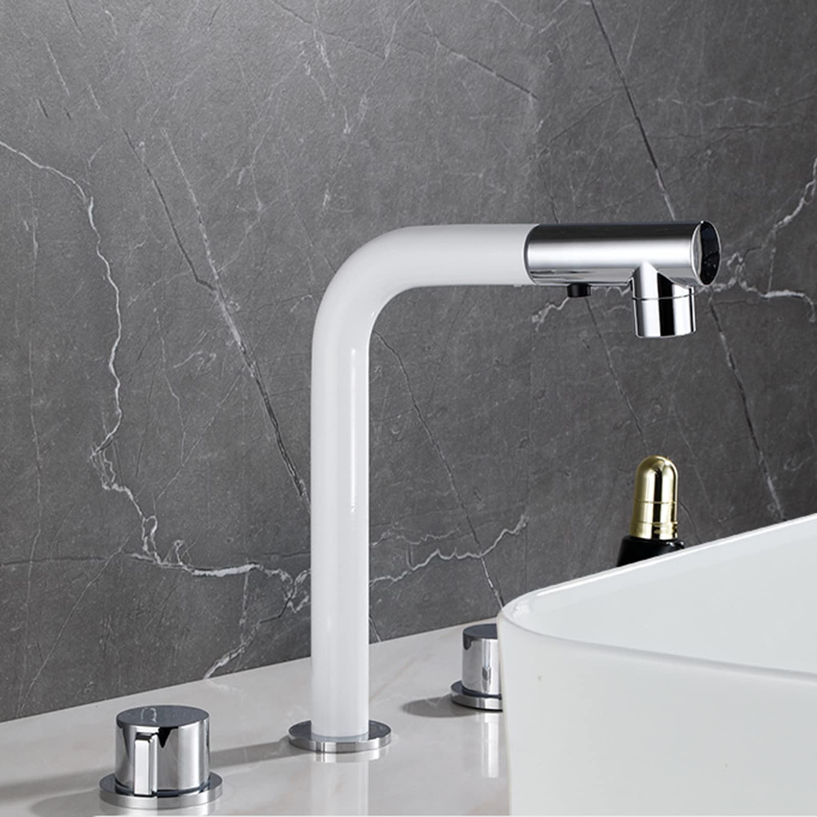 Mitigeur de lavabo extractible blanc grand robinet double levier pour salle de bain moderne