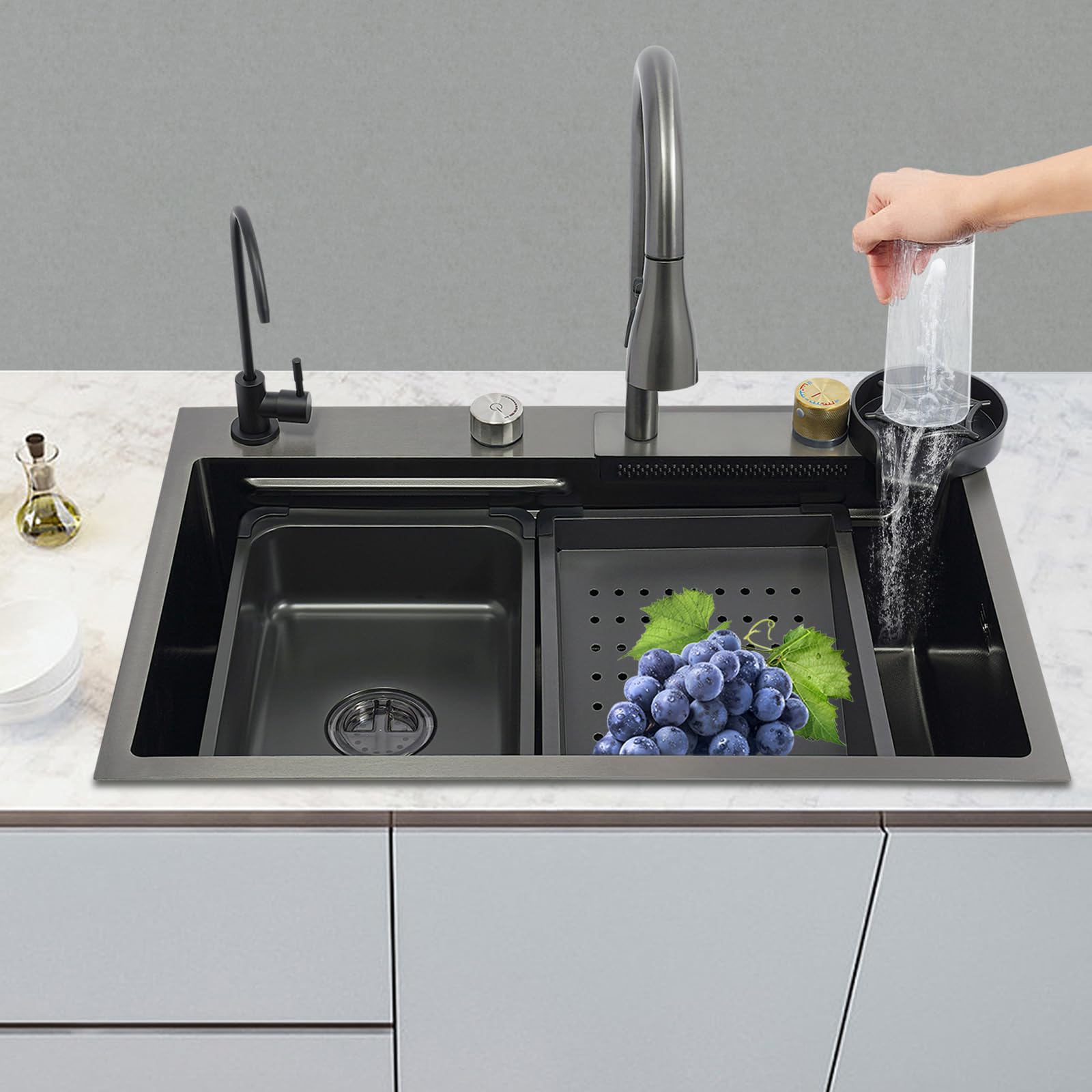 Fregadero de cocina negro de acero inoxidable, 68 x 45 x 21 cm, lavabo de cocina con grifo extraíble, tabla de cortar, limpiador de cristales, estación de trabajo para bar, restaurante, etc