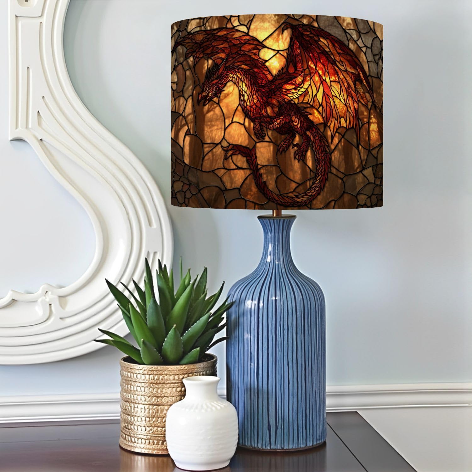 Lamp Shades Intricate Dragon Stained Glass Piece Adventure Fantasy Vibes Drum Lamp Shades 1 Pack Lampshade for Floor Lamp Table Lamp Easy to Install Home Decor Bedroom Dining Room 11"x8.9"