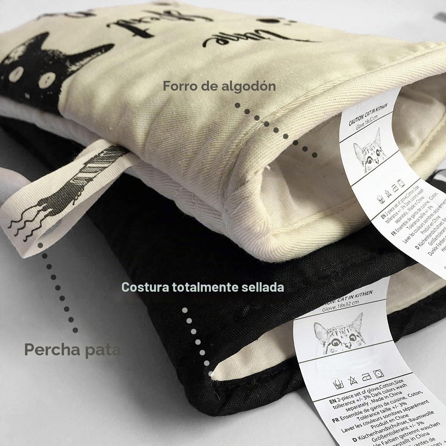 ZORR Guantes de Horno algodón con 2 Soportes para los Amantes de los Gatos, Guantes de Horno Resistentes al Calor para cocinar y Hornear (4 Piezas)