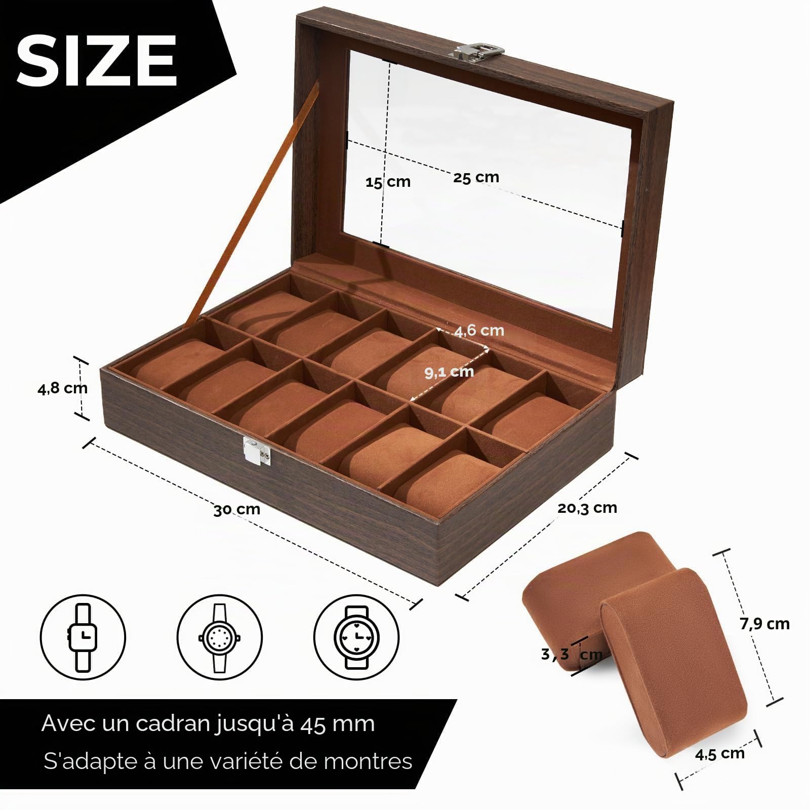 Ohuhu Boîte à Montres à 12 Emplacements, Coffret à Montres avec Couvercle en Verre et Coussins Amovibles en Velours, Boite a Montre Homme, Cadeau pour Anniversaire Fête des Pères Noël