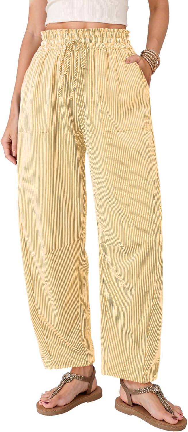Dokotoo Women's Striped Barrel Casual Pants High Waisted 2026 Elastic Drawstring Trousers