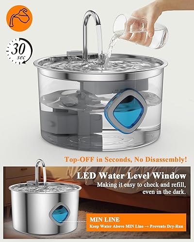Miniatura 5 de Fuente de agua para gatos de acero inoxidable 3.2L108 onzas, dispensador automático de agua de gran capacidad para gatos en interiores con kit de 3