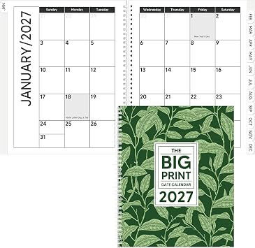 Fullhawl Large Print Calendar 2027 Date Planner, Green, Leaf