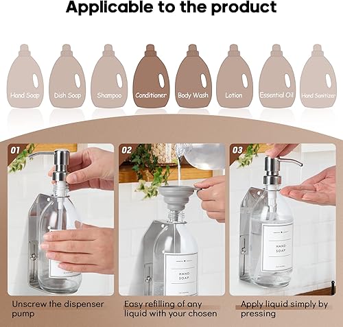 Miniatura 4 de Dispensador de jabón de vidrio montado en la pared, dispensador de jabón de ducha sin taladro, dispensador de jabón de manos con soporte ajustable