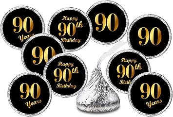 Happy 90th Birthday Black Kisses Stickers, Set of 216 Chocolate Drops Labels Stickers for 90 Birthday, Party Favors Decor for Kisses. Made in USA,
