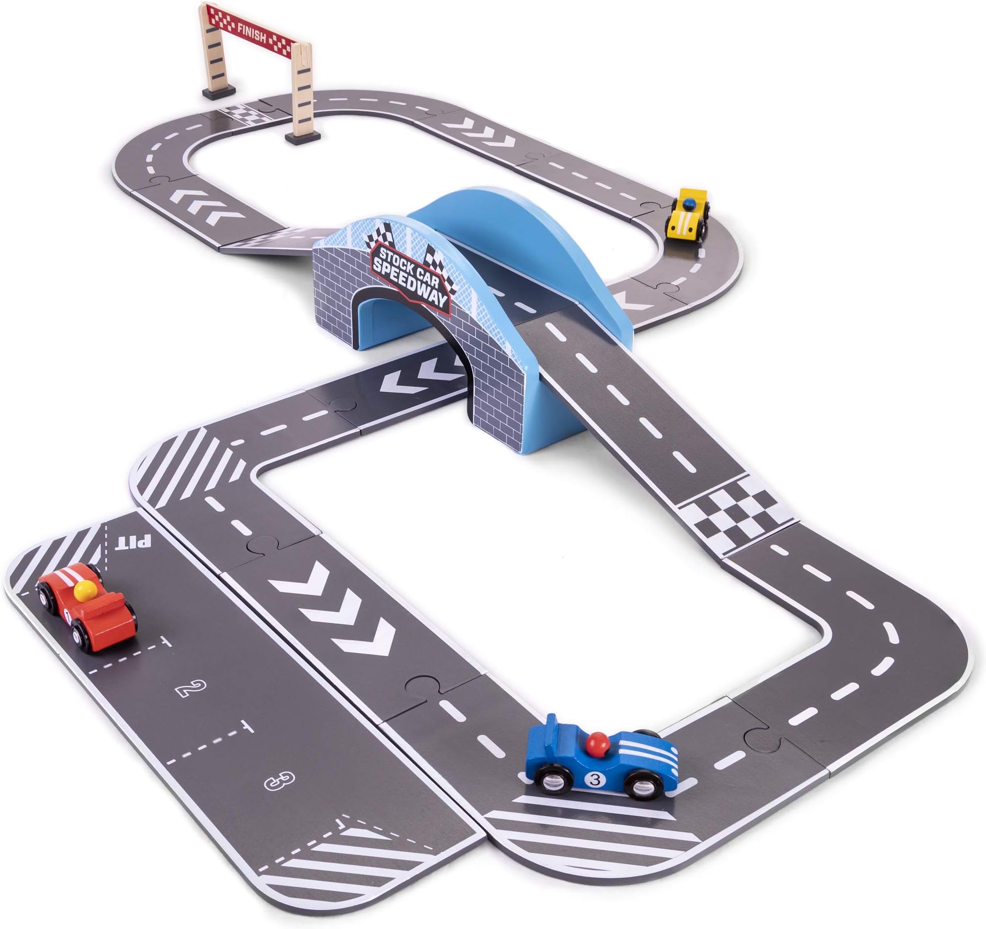 Stock Car Speedway | Wooden Race Track Playset with 3 Colorful Cars, Customizable Track Layouts, & Interlocking Track Pieces | Includes Curves, Ramps, Pit Row, Finish Line, and More! (24 pcs.)