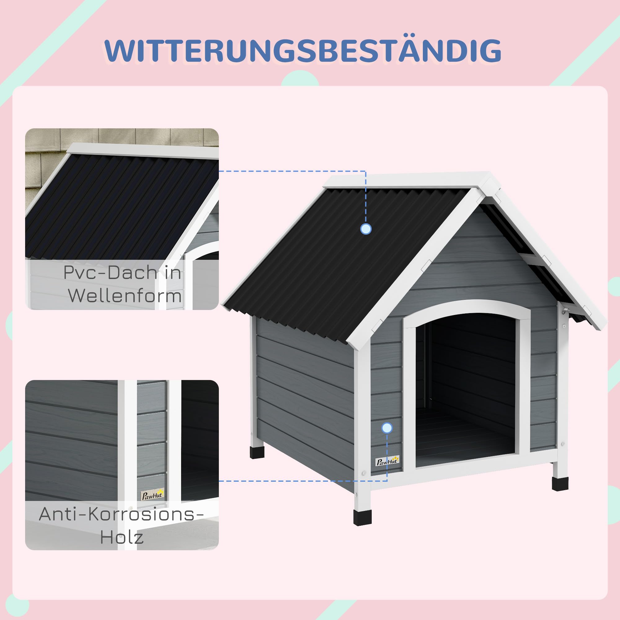 PawHut Hundehütte aus Holz Kleintierhaus mit Asphaltdach Outdoor Hundehöhle korrosionsbeständig Hundehaus mit herausnehmbarem Boden für mittelgroße Hunde 75 x 88 x 82 cm Grau