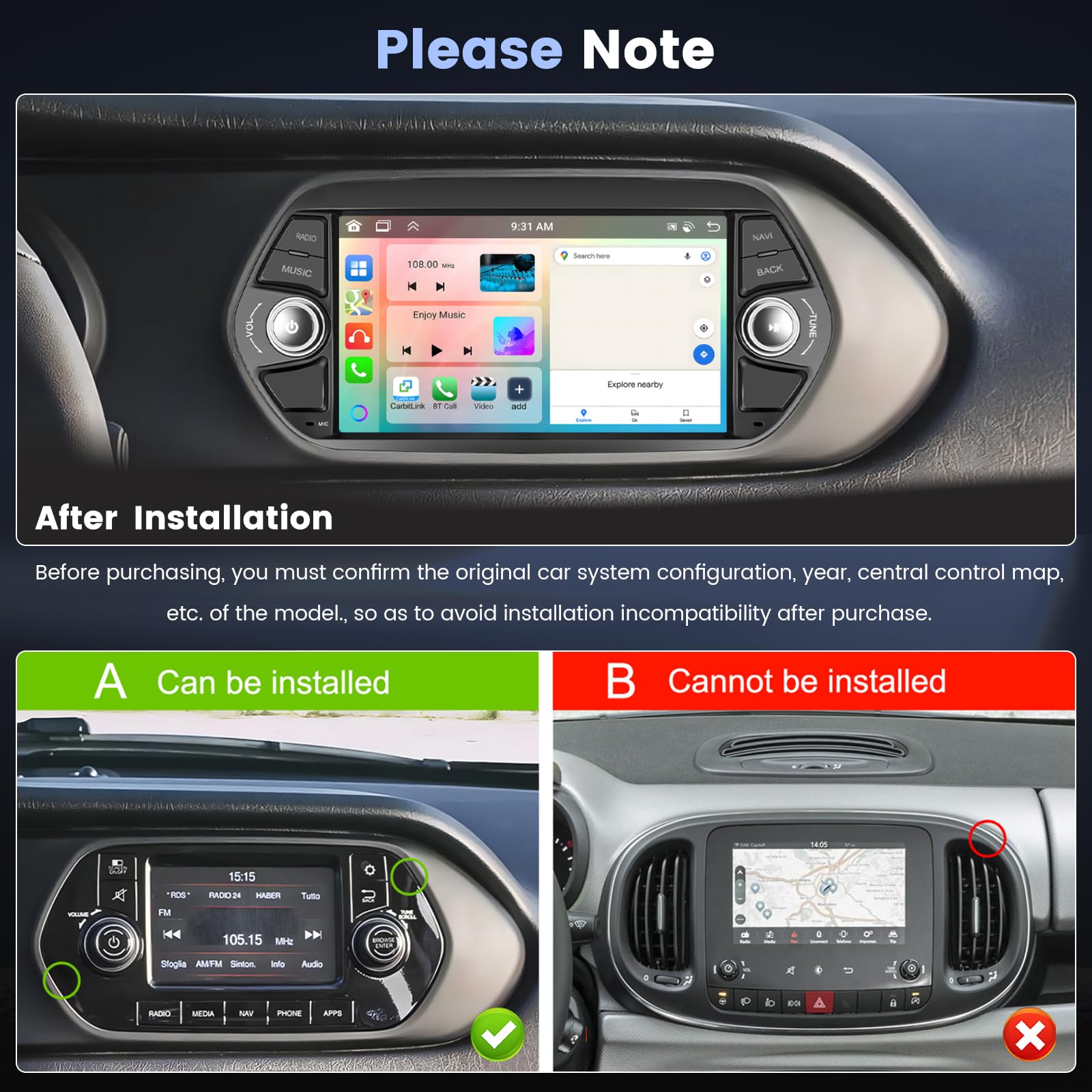 Roinvou 6G+128GG Android 15 Radio samochodowe dla Fiat Tipo Egea 2015-2017 bezprzewodowy CarPlay Android Auto, 7-calowy ekran dotykowy Radio Bluetooth Lustro Link GPS EQ WiFi FM/RDS SWC Tylna kamera