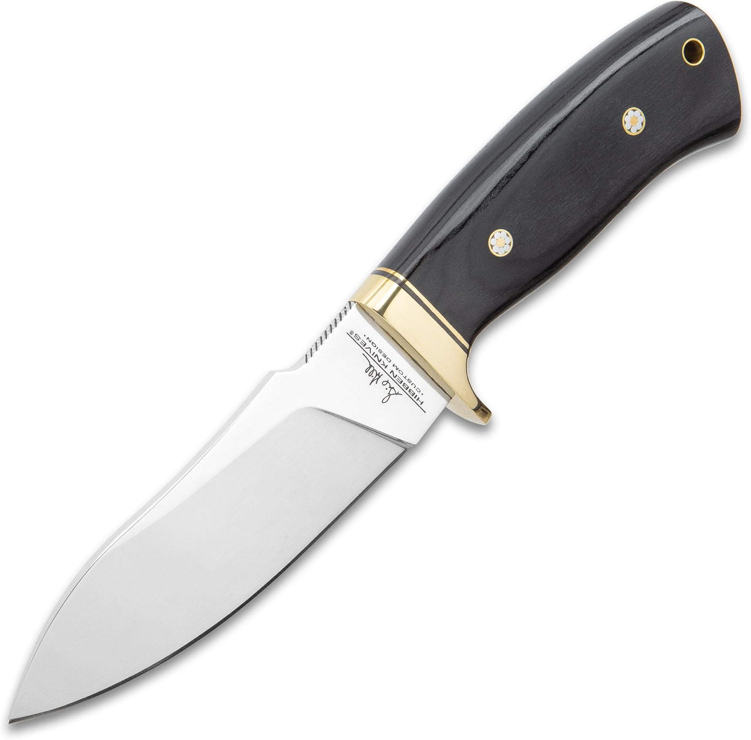 Hibben Chugach Hunter Knife With Sheath - 5Cr13 Stainless Steel Blade, Pakkawood Handle, Brass Hand Guard, Rosette Accents - Length 8 7/8"