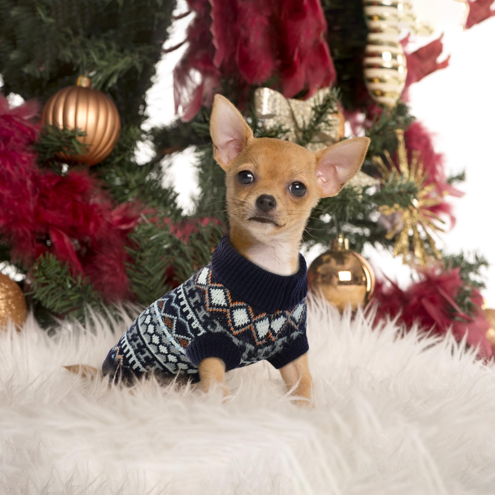 Hundepullover für kleine Hunde – Boho Strickpullover warm & dick für kalte Wintertage | weich & elastisch | mit Geschirröffnung | leicht anzuziehen | Mops Shih Tzu (Marineblau M)