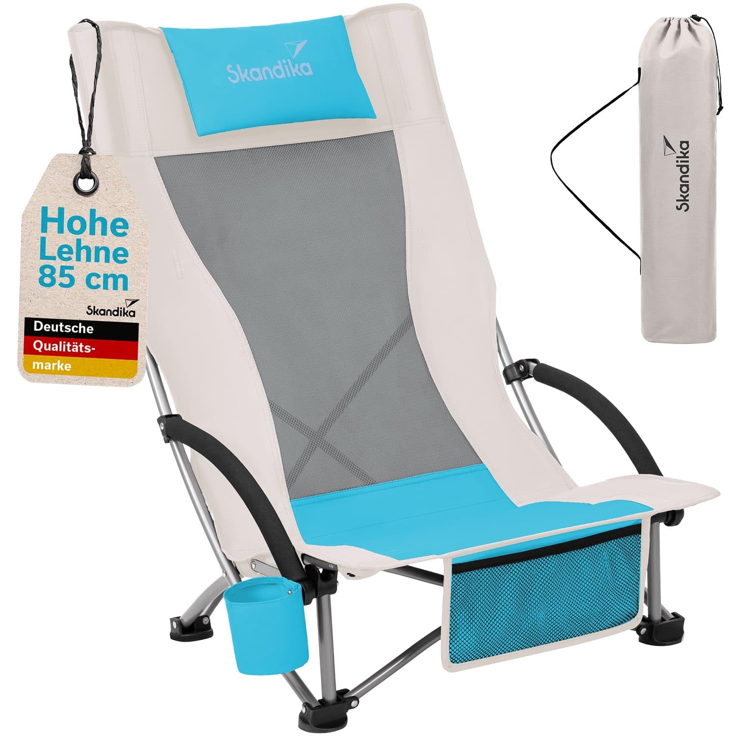 Skandika Strand Campingstuhl Beach | Bequemer Strandstuhl mit atmungsaktivem Mesh, Getränkehalter, niedrig, leicht zu transportieren, max. 136 kg | Faltbarer Klappstuhl, Liegestuhl (beige/türkis)