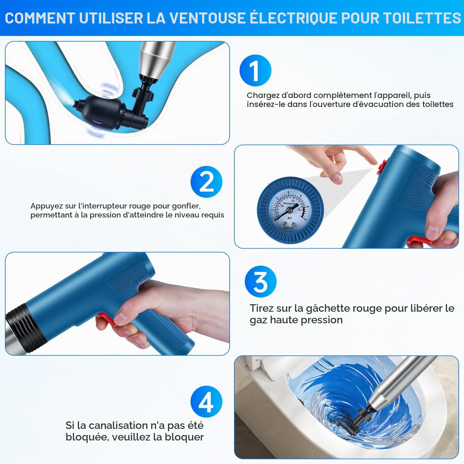 Électrique Déboucheur de Canalisations, Électrique Déboucheur à Ventouse, Air Comprimé Déboucheur de Furet pour Toilette, WC, Lavabo, Douche