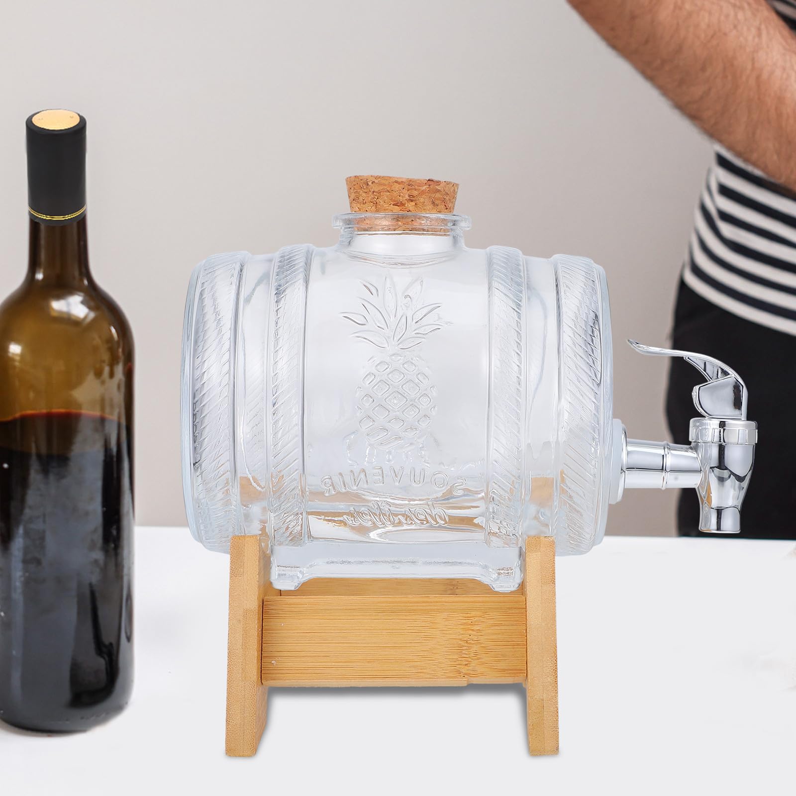 HOMSFOU Glas Weinfass Getränkespender mit Wasserhahn 2 jin Fass Transparent Dicht Schließender Deckel Bambusgestell für Saft Weinfruchtwein