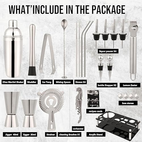 Miniatura 2 de Kit de camarero de 26 piezas con soporte acrílico, juego de coctelera de primera calidad con herramientas y accesorios de mixología, juego de bar