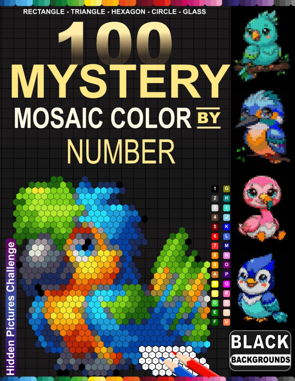 Cartoon Birds Mystery Mosaic Color by Number: 100 Hidden Bird Images to Reveal with 5 Unique Shapes & Fun 30-Color Palette