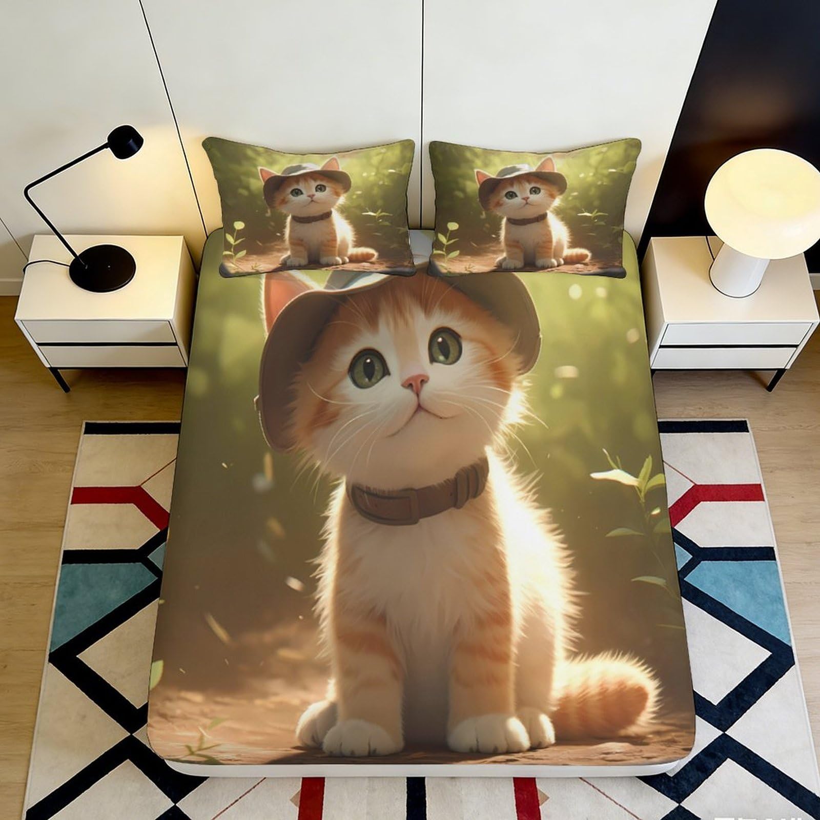 3D Printed Cute Kitten Fitted Sheet Microfiber Soft Non-Slip Cat Ear Bed Sheet Machine Washable Bedroom Mattress Cover 180x200x25cm