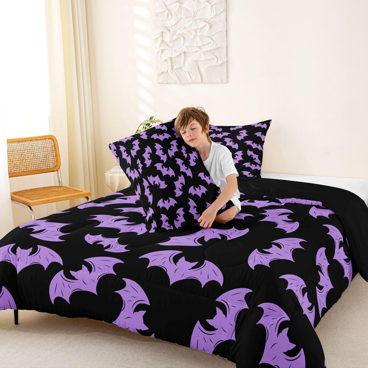Erosebridal Purple Bat Twin Bedding Sets Halloween Bat Comforter Set Spooky Goth Gothic Animal Quilt Duvet Set Horror Halloween Bedding Collections for Kids Teens Adults