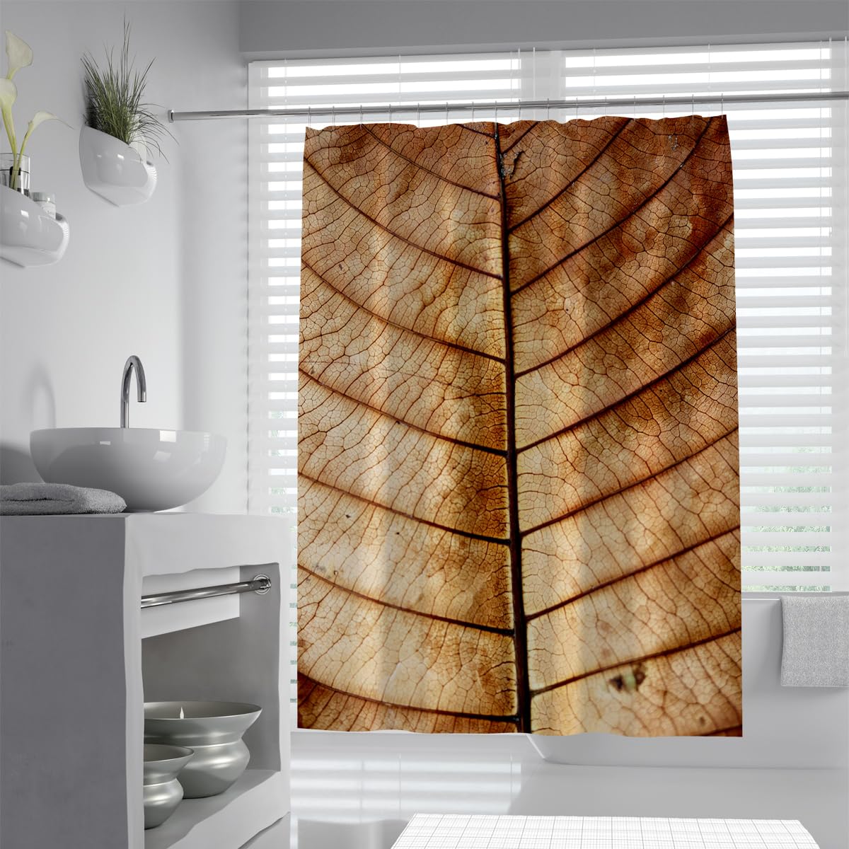 UIRINGART Brown Autumn Leaf Shower Curtain W120xL200cm Macro Dry Foliage Veins Texture Waterproof Anti Mould Bathtub Screen with Hooks