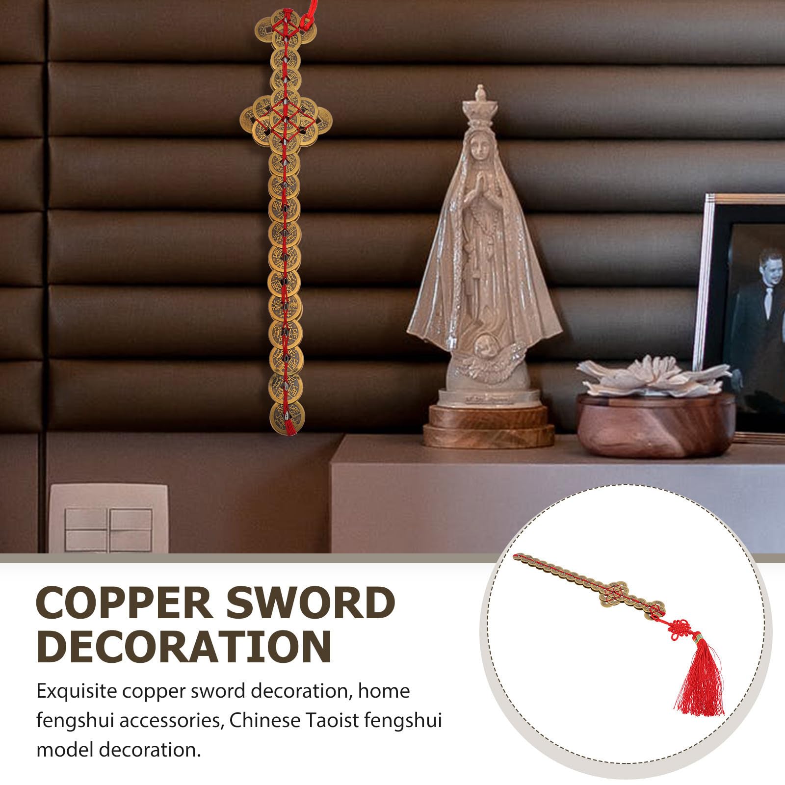 SHINEOFI Espada Decorativa de Cobre Monedas Chinas para Fengshui, Accesorio Hogar Que Atrae Buena Energía y Protege Espacios Familiares