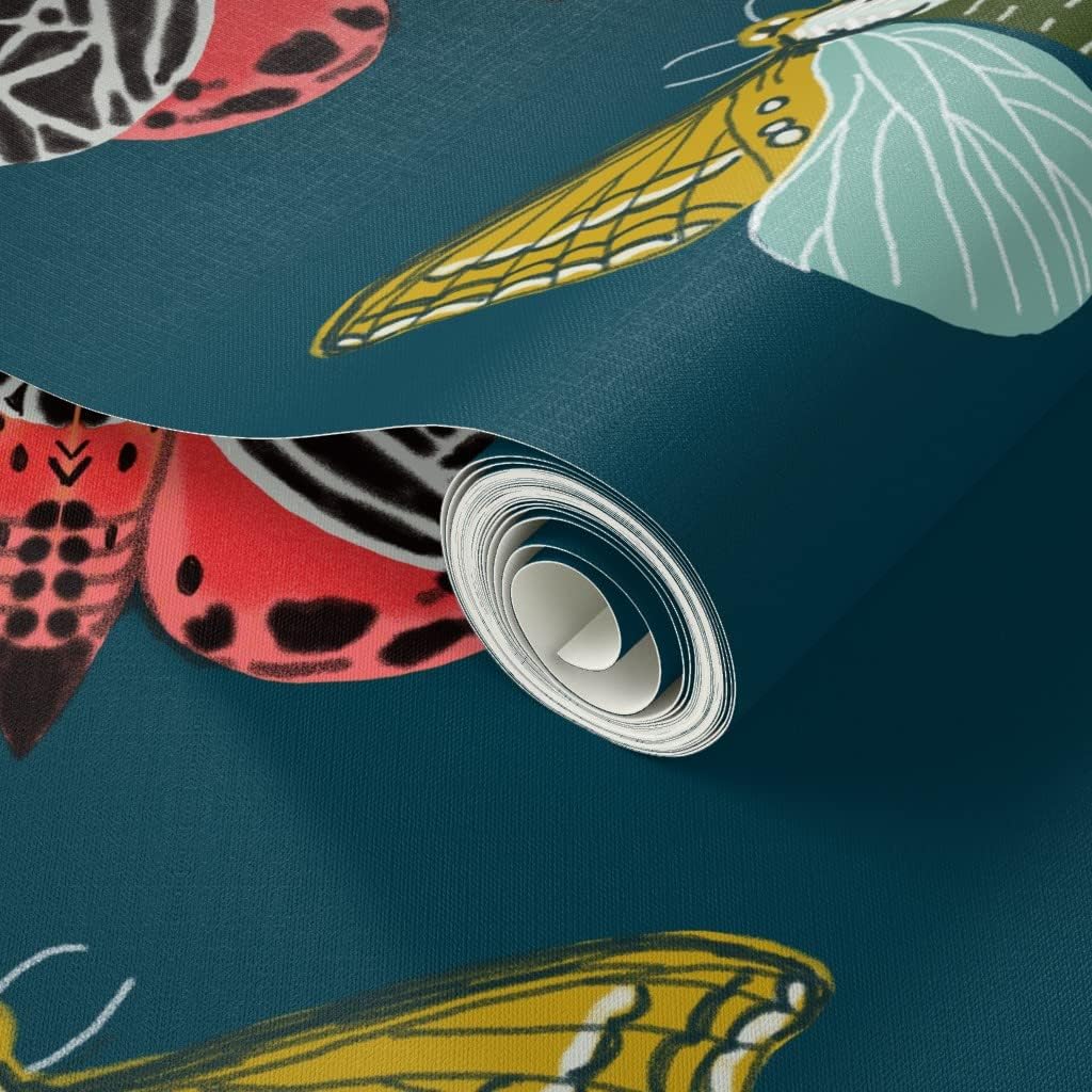 Spoonflower Peel & Stick Wallpaper 3ft x 2ft - Moths Moth Butterflies Butterfly Navy Botanical Nature Insect Bugs Custom Removable Wallpaper