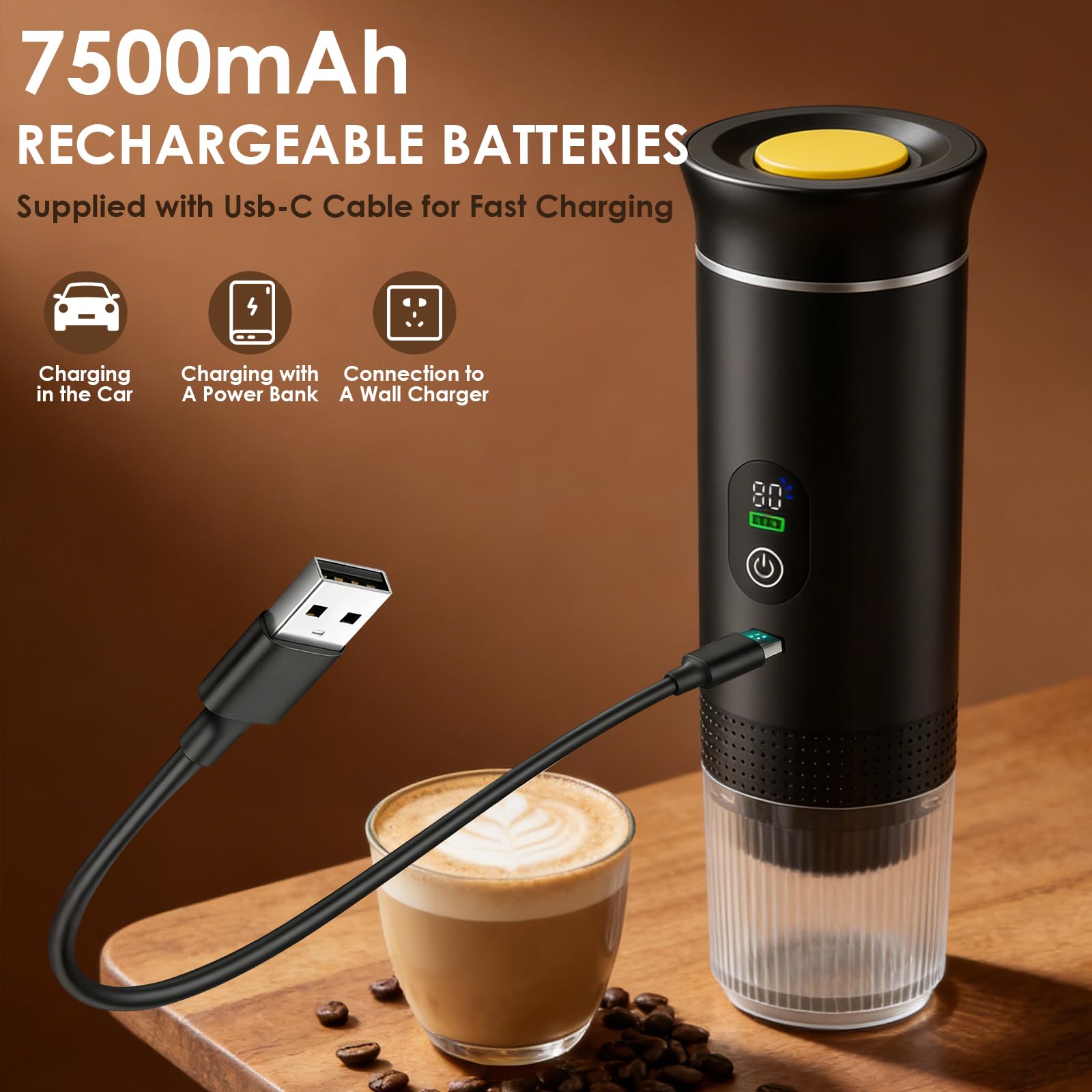 Cafetera Portatil, 3 en 1 Cafetera Portátil Cápsula de Espresso Batería 7800mAh,Auto-Calentable & USB-C y 20 Bar con Cápsulas NS Café Molido,Cafetera Eléctrica para,Camping,Oficina Viajes