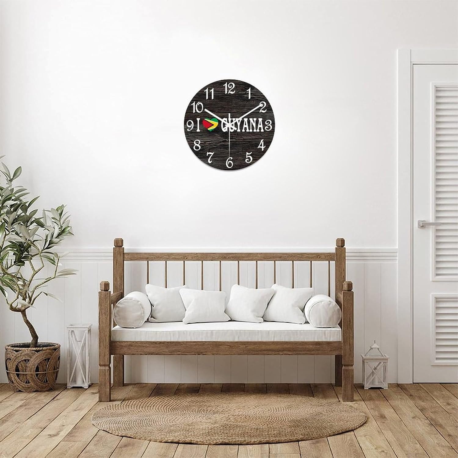 I Love Guyana Wooden Wall Clock Flag of Guyana Hanging Wall Clock Battery Operated Non-Ticking Sweep 15 Inch Rustic Chic Farmhouse Wall Clock for Wall Laundry
