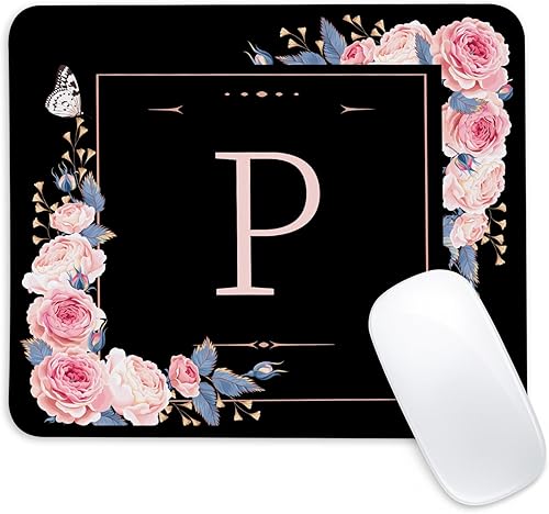 Miniatura 21 de Alfombrilla de mouse cuadrada con letras F con diseño de flores negras y rosas, borde cosido y base de goma antideslizante, tapete para mouse,