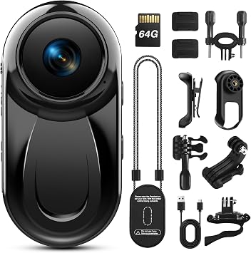 Mini Body Camera with 64GB Card, 1080P Thumb Vlogging Cam Hands-Free Recording, Tiny Action Camera with 360 Rotate Clip&Magnetic Clip, Wearable Video Recorder for Traveling/Motorcycle Deep Black