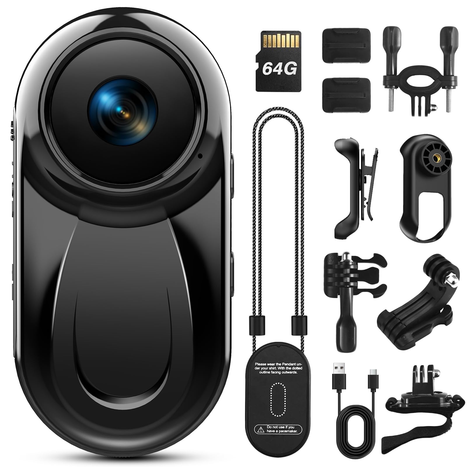Mini Body Camera with 64GB Card, 1080P Thumb Vlogging Cam Hands-Free Recording, Tiny Action Camera with 360° Rotate Clip&Magnetic Clip, Wearable Video Recorder for Traveling/Motorcycle Deep Black