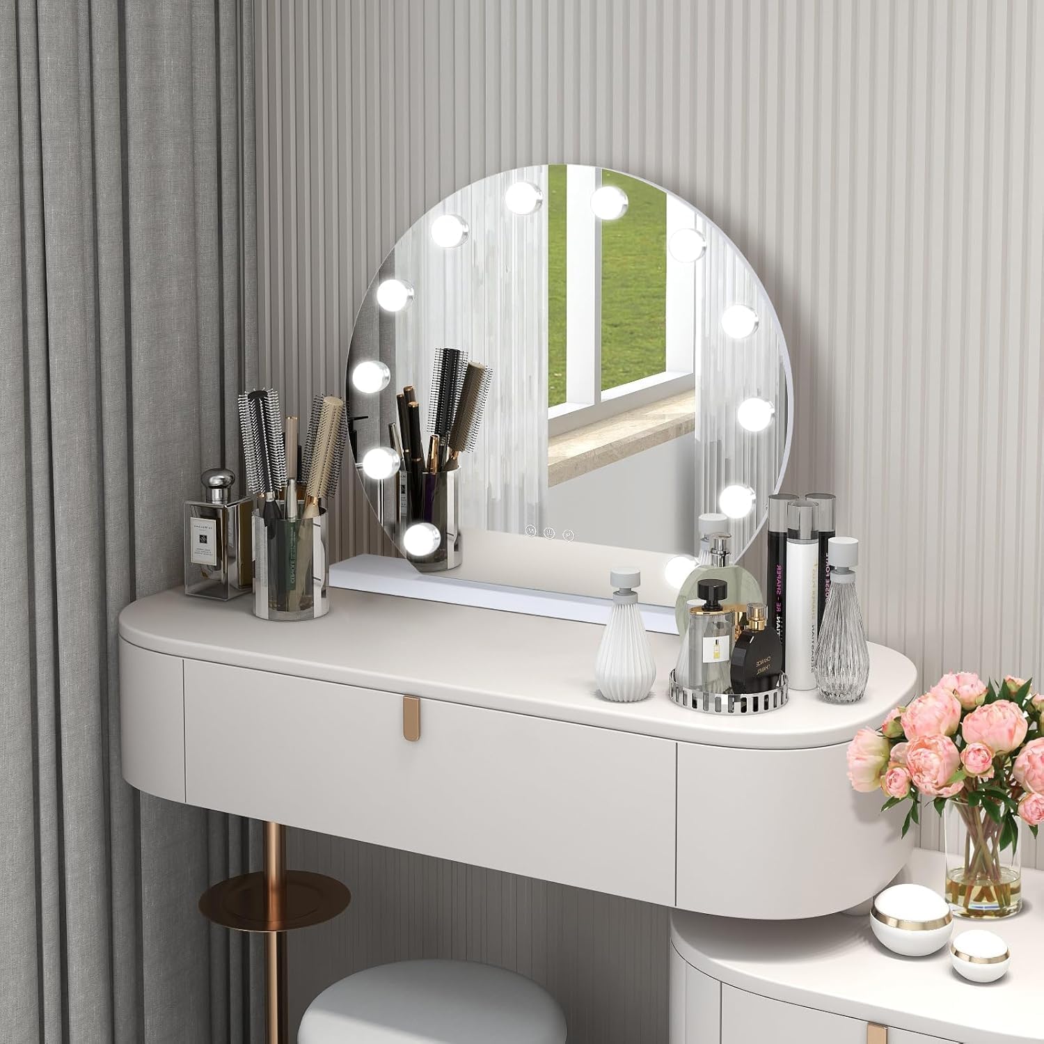 YOURLITE Miroir Maquillage Hollywood Rond 50CM, 12 Ampoules LED,3 températures de lumière réglables et dimmables,Loupe grossissante 10x, Port de Chargement USB, Installation sur Table ou Murale