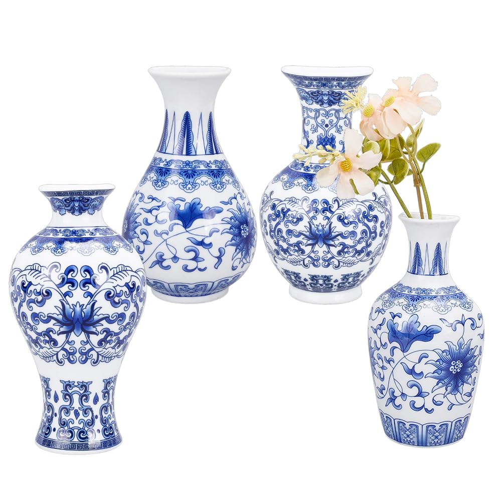 OLYCRAFT 4pz 4 stili Piccoli Vasi Cinesi Blu e Bianchi Vasi Decorativi In Ceramica Da Parete Vaso Da Fiori In Ceramica per Decorazioni per Interni Casa Fiori Secchi e Piante Finte Verdi