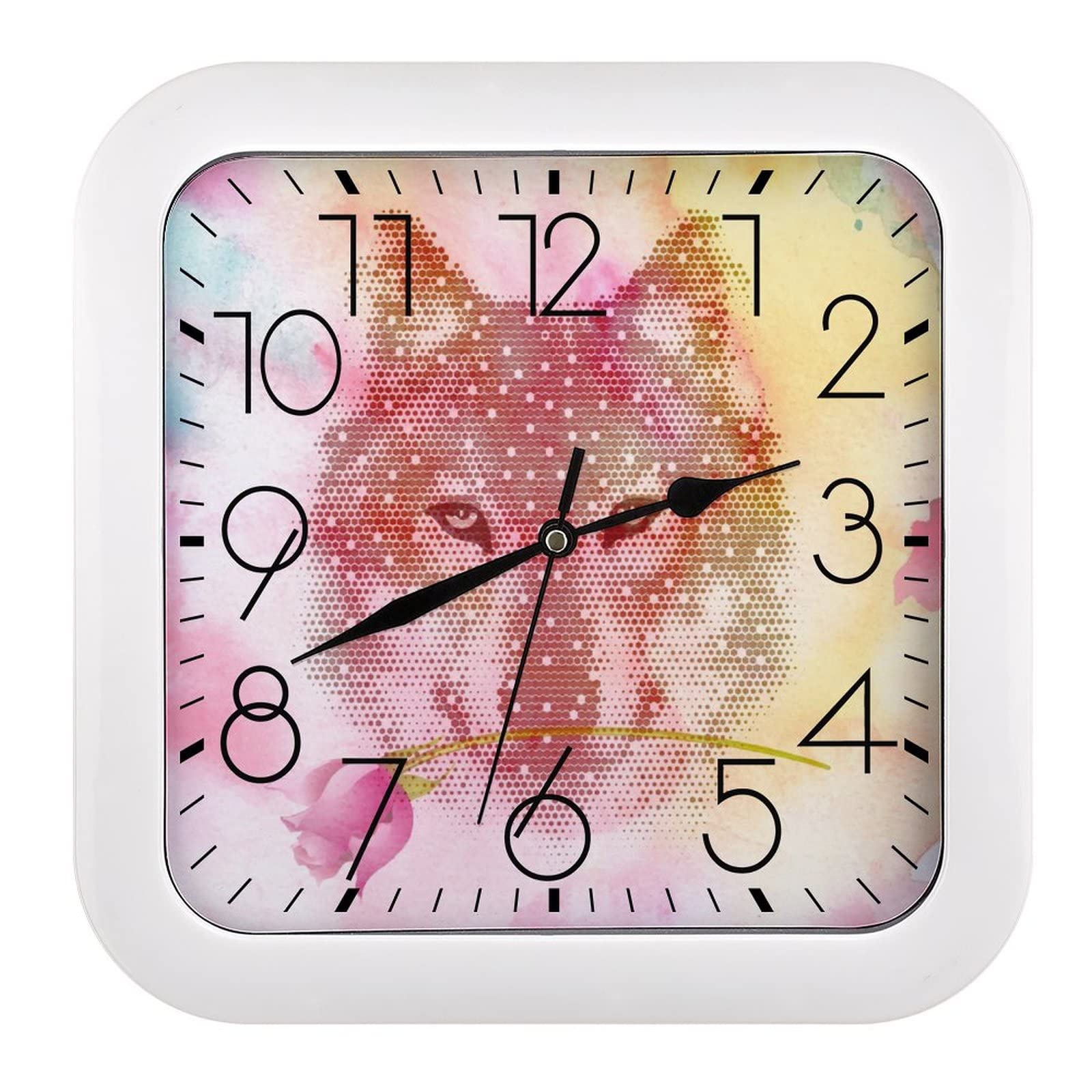 Horloge murale loup fantastique carrée 26cm à grands chiffres clairs
