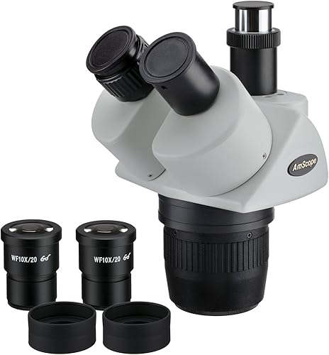 AmScope Cabezal estéreo trinocular del microscopio SW24T, oculares WH10x, aumento 20X y 40X, objetivo 2X/4X