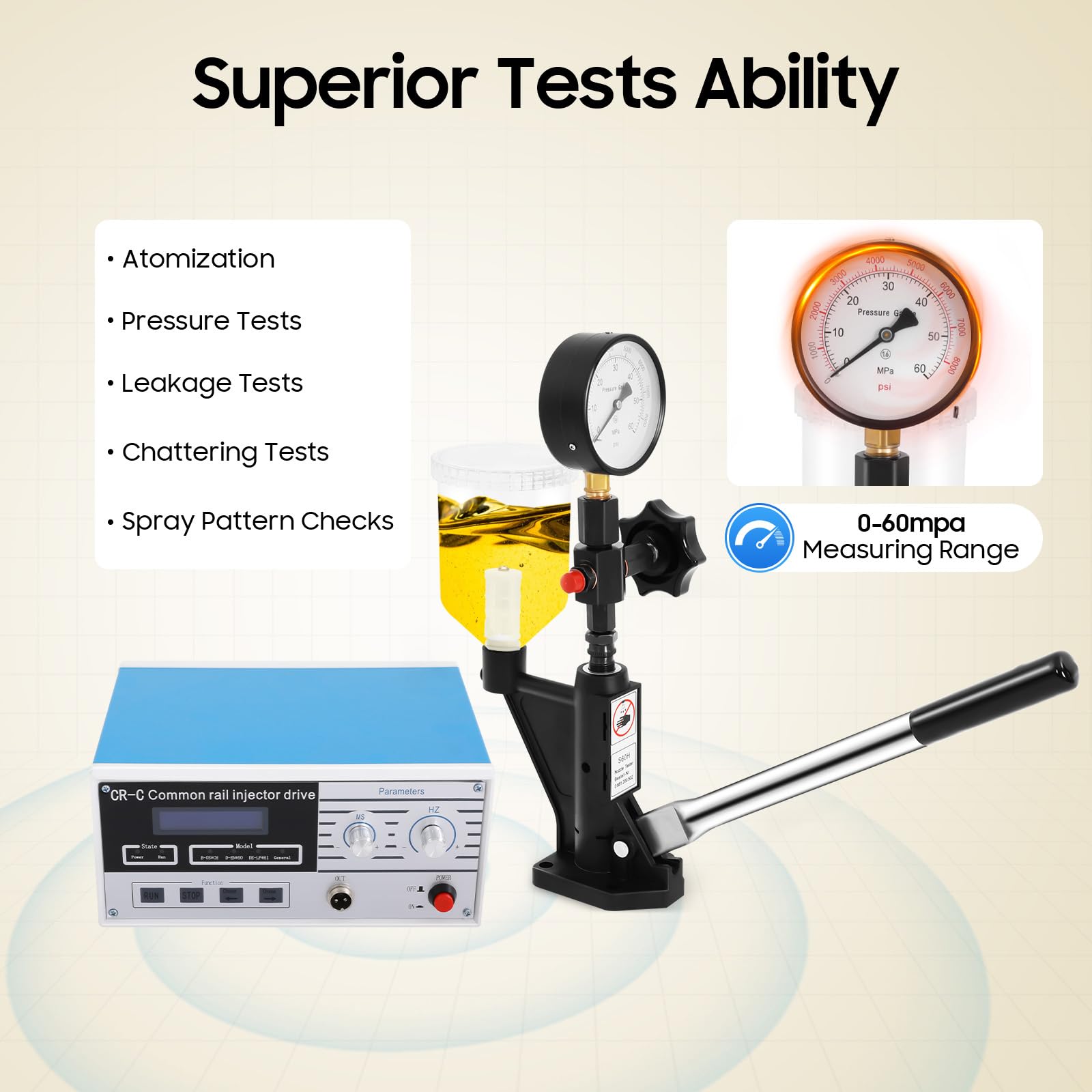 CR-C Multifunktions Diesel Injektor Tester Set 220V 0-600 bar Einspritzdüsen Prüfgerät, Common Rail Injector Tester & S60H Injector Validator 11 x 25 x 19 cm mit 3 Steckverbinder