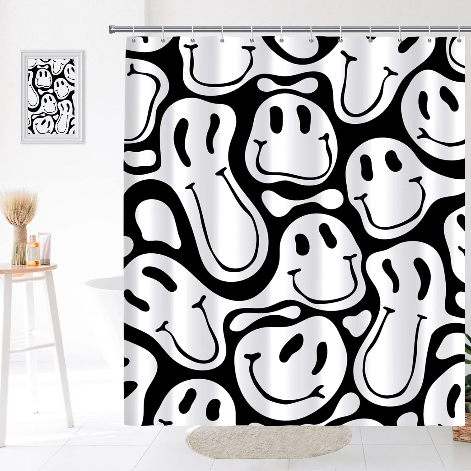 Watbro Retro Hippie Shower Curtain, 60s 70s Colorful Vintage Waterproof Polyester Fabric for Bathroom Decor, 72x72 Inches, Black and White, 12 Hooks Included