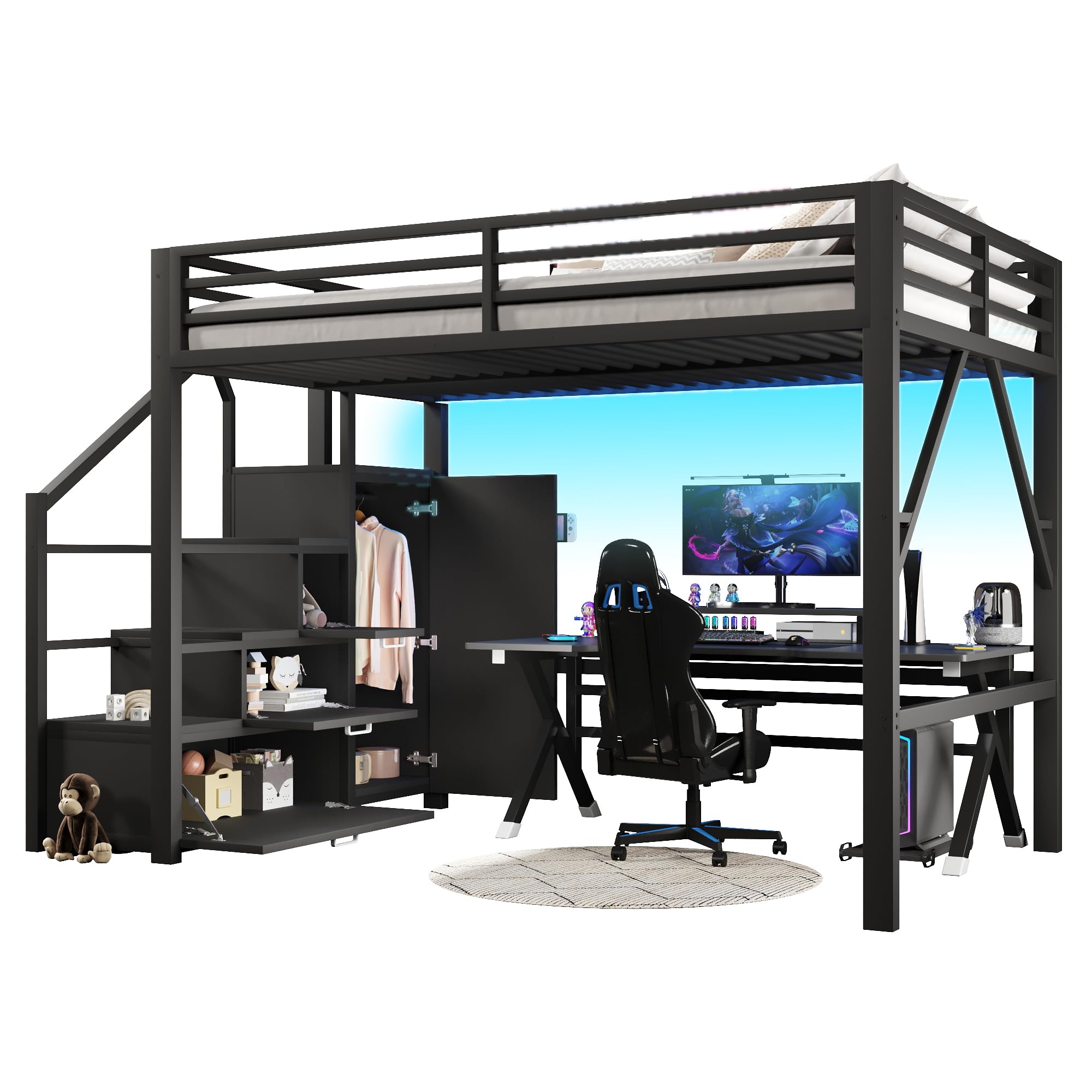 BTM Metall Gaming Hochbett 140x200 mit Kleiderschrank & LED Beleuchtung Hochbett Jugendliche mit Stauraum Treppe, Schwarz