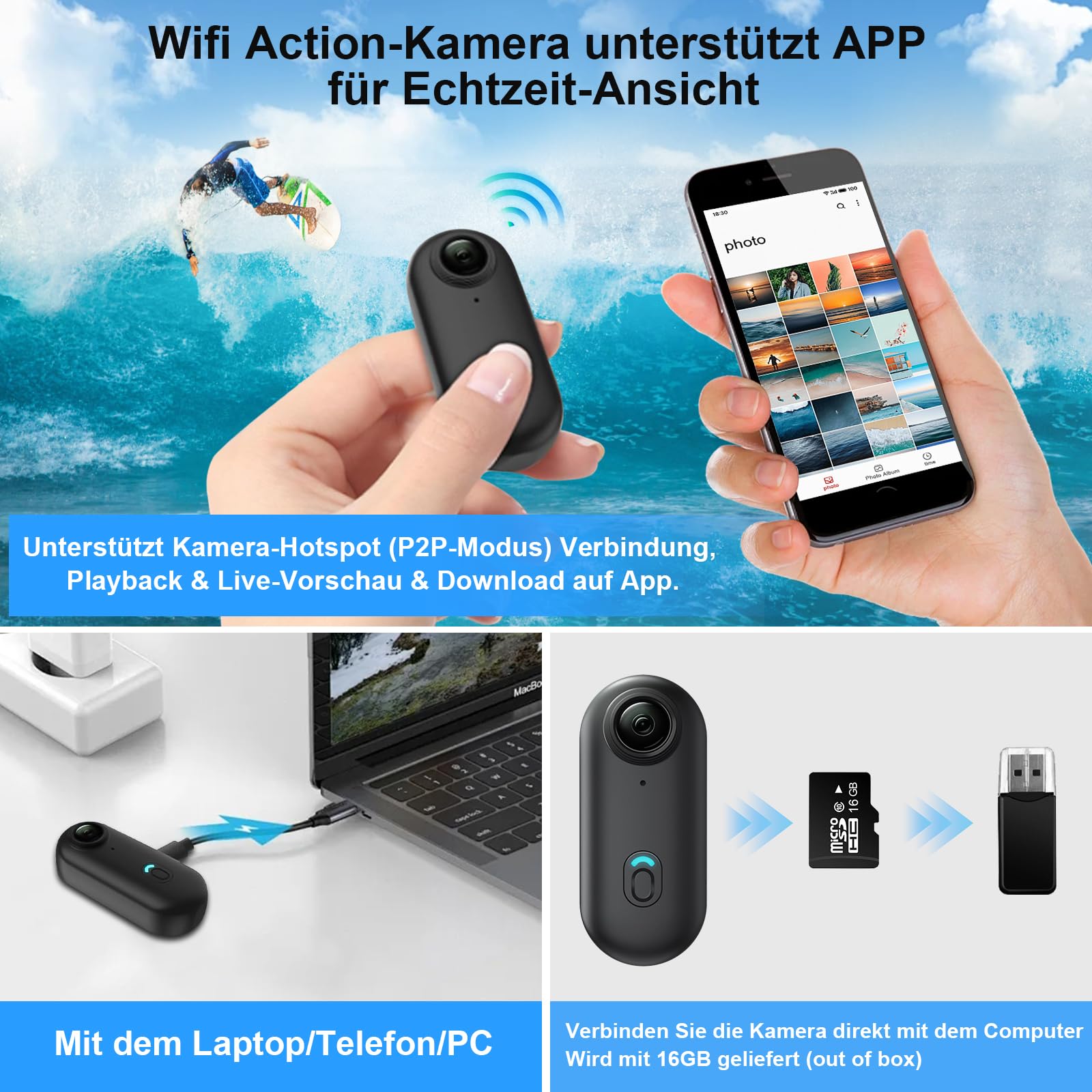 LXMIMI Action Cam, 170° Wifi Action Kamera, HD 1080P Motorradhelmkamera, 16GB-Magnet-Fahrradvideokamera, Wasserdichte Sport-Actionkamera mit Diversem Zubehör für Reiten und Spaziergänge mit Haustieren | Mini-Action-Kamera für Motorrad- oder Fahrradhelm, 1
