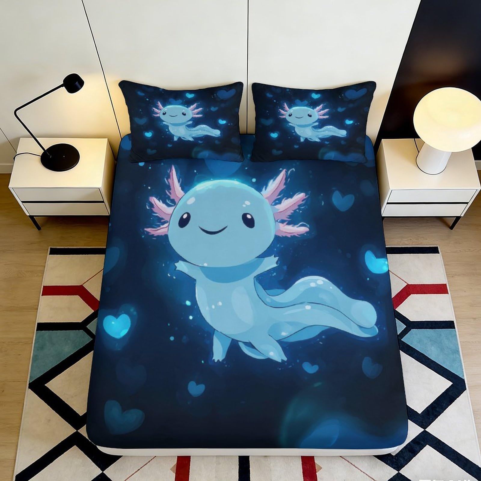 3D Printed Cute Axolotl Fitted Sheet Microfiber Soft Blue Cartoon Bed Cover for Bedroom Guest Room Decor 90x200x25cm