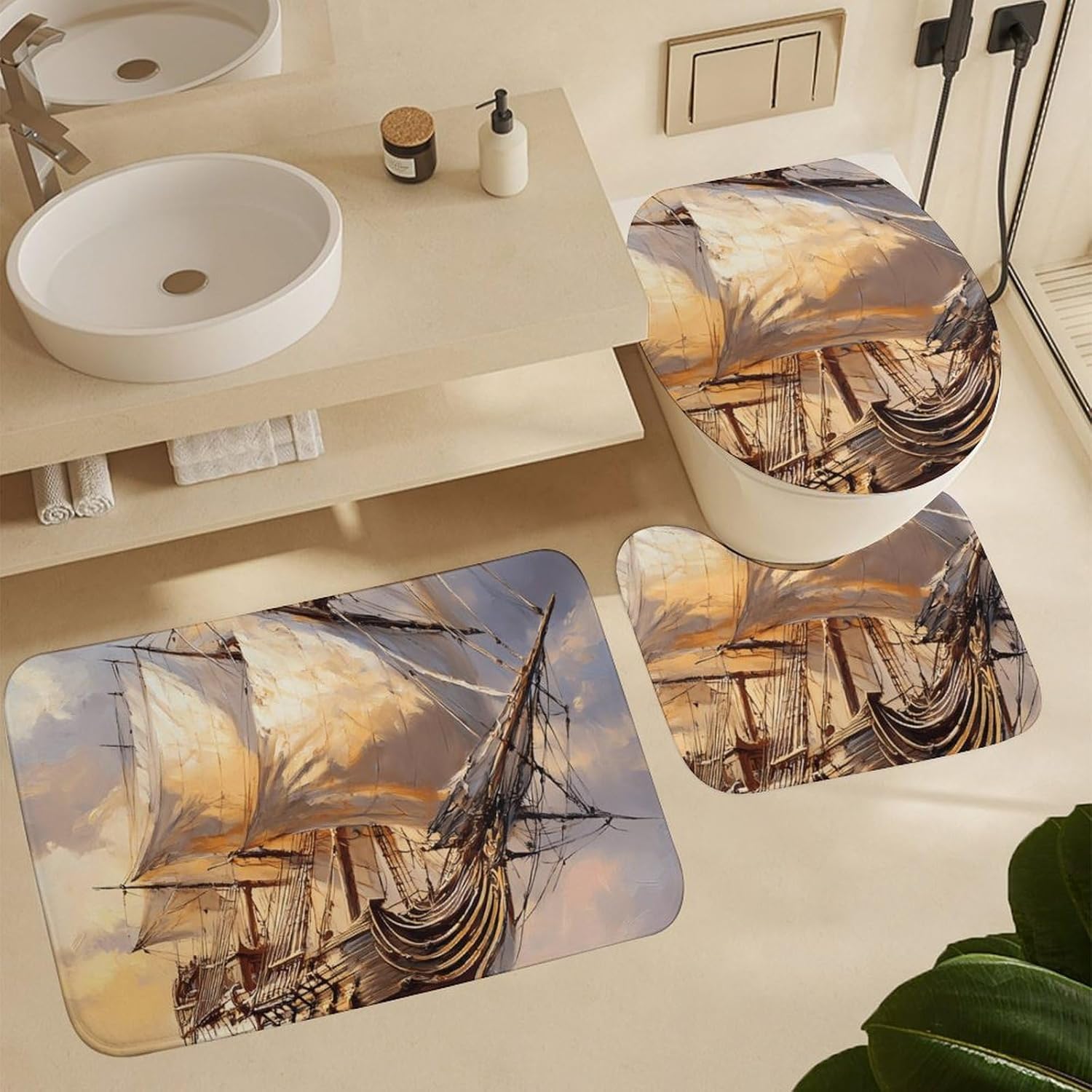 Sailing Ship with Masts Bathroom Sets with Shower Curtain and Rugs 4 Piece with U-Shaped Floor Mat Toilet Lid Cover