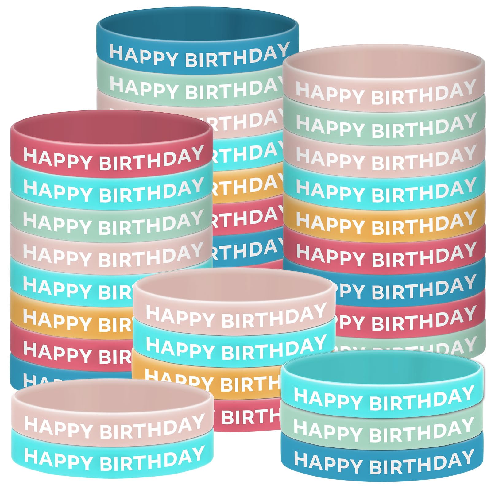 Ecally 48 Pcs Boho Classroom Happy Birthday Bracelets Student Bulk Rubber Boho Silicone Stretch Wristbands for Student Birthday Classroom Party Supplies