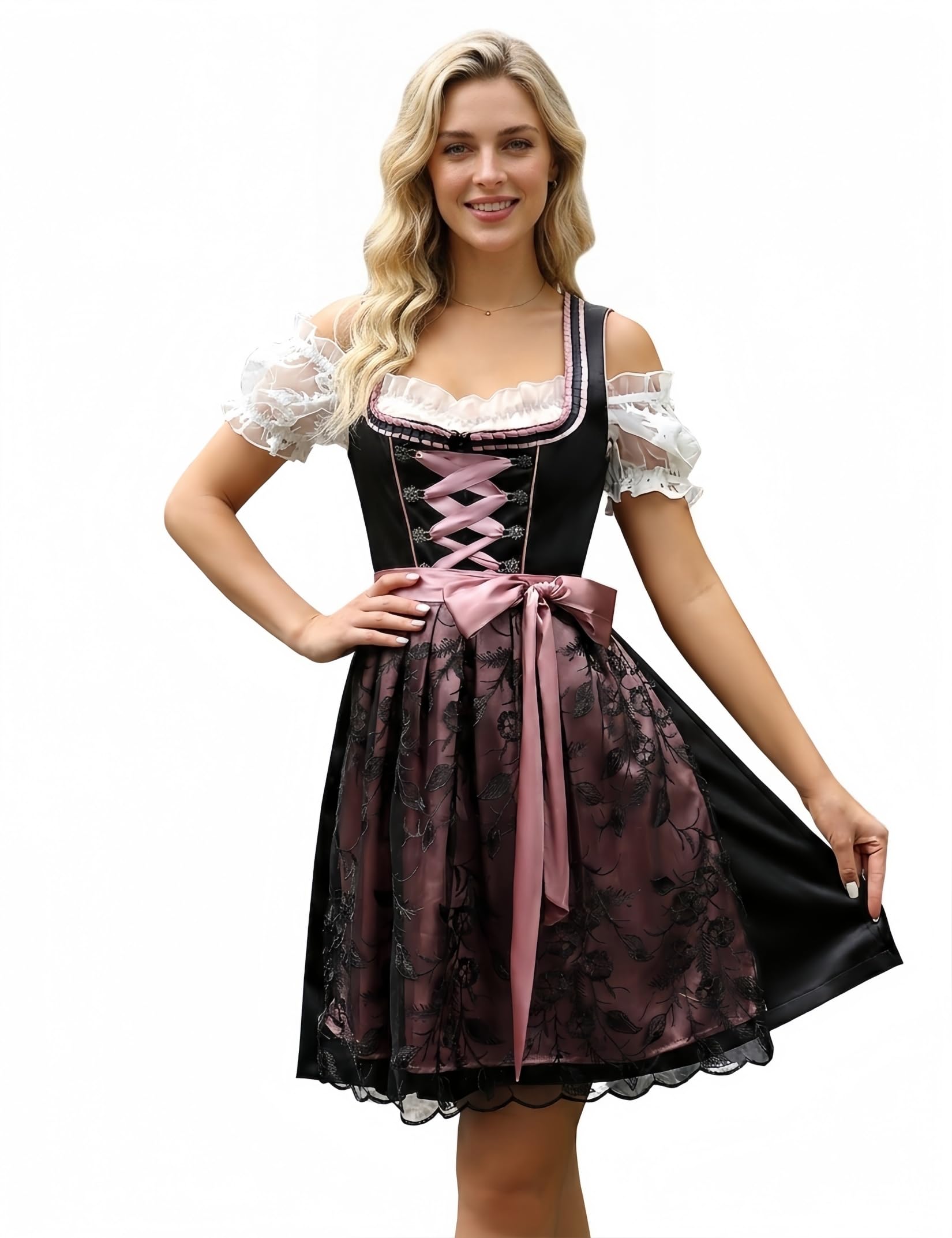YesFashion Dirndl Damen Jacquard Midi Trachtenkleid Trachtenmode mit 3 Teilig Dirndlkleid für Oktoberfest
