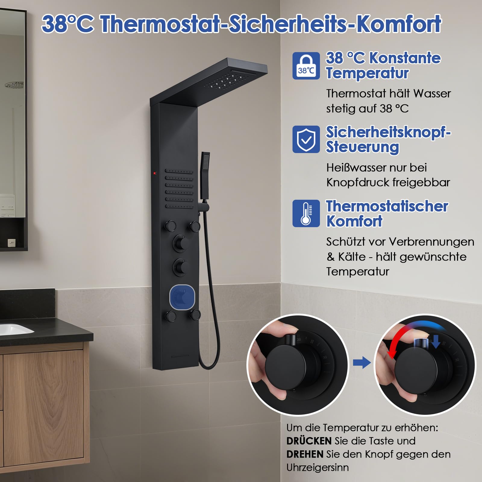 ROVOGO Komplett Schwarz LED Duschpaneel mit Thermostat, 5 Funktionen Duschsäule Regenfall Wasserfall Duschkopf, 2 Strahlarten Massagedüsen, Handbrause, Wanneneinlauf, Edelstahl Duschpaneel mit Armatur