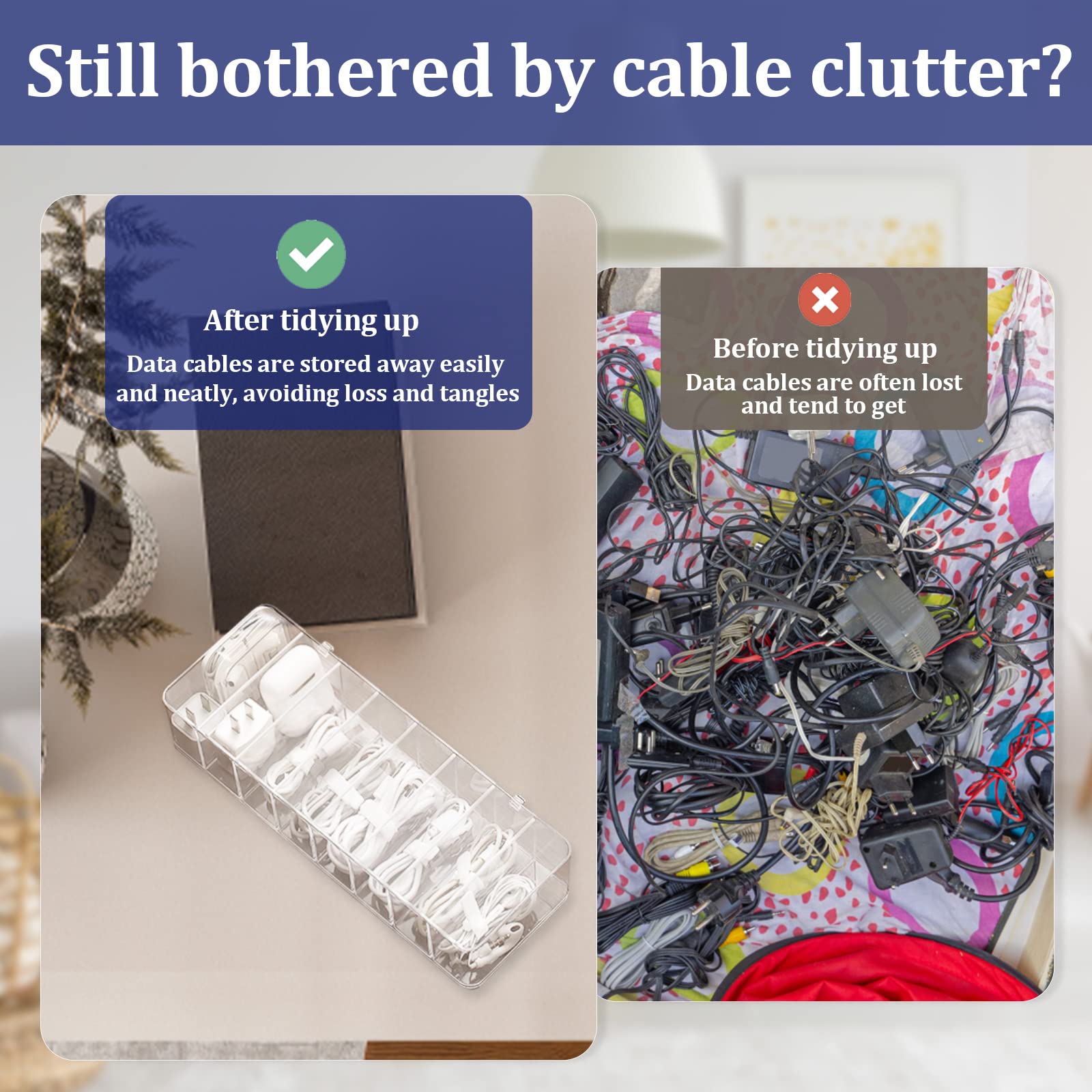 Kabel Organizer Box Transparent - 8 Fächer Mit Kabelbindern | Aufbewahrung Für USB-Kabel & Zubehör