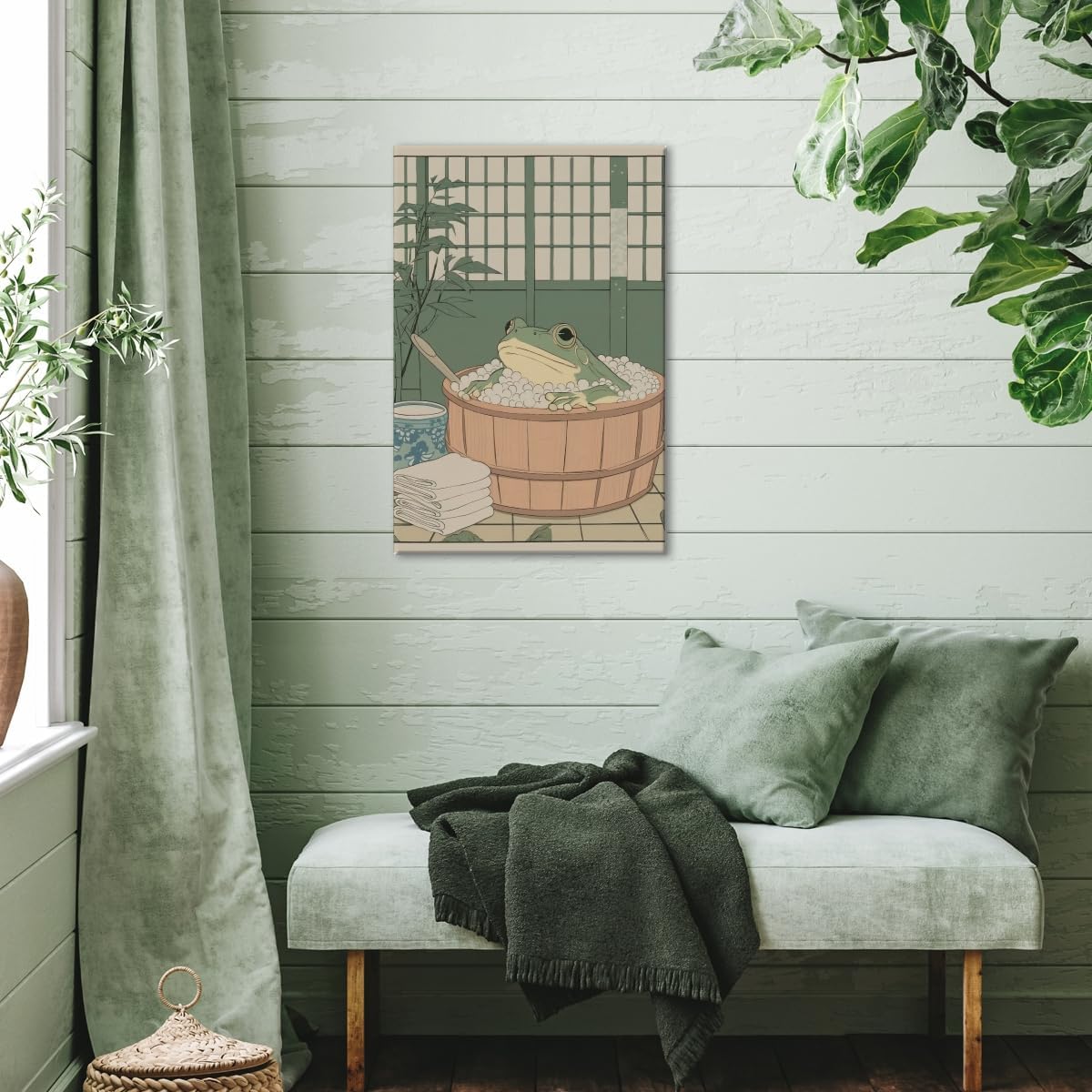 Frog in Bathtub Japanese Poster Bathroom Canvas Wall Art Frog Bathroom Decor Relaxing Japan Print Aesthetic Minimalist Neutral Pictures Painting for Bedroom Living Room 12x18inch Framed