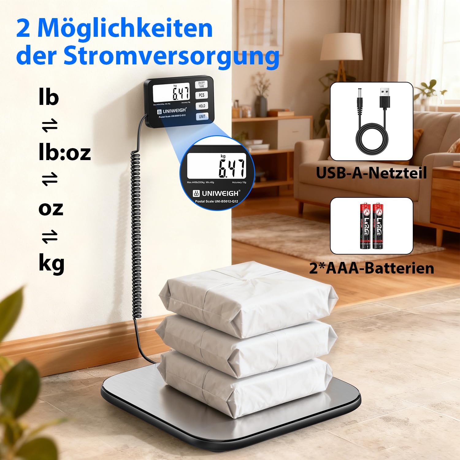 UNIWEIGH Paketwaage 440 lb/0,35 oz Genauigkeit, digitale Briefwaage für Pakete mit PCS/Halte/Tara Funktion, Plattformwaage für kleine Unternehmen, Gepäck, Heimgebrauch, Batterie und USB-A