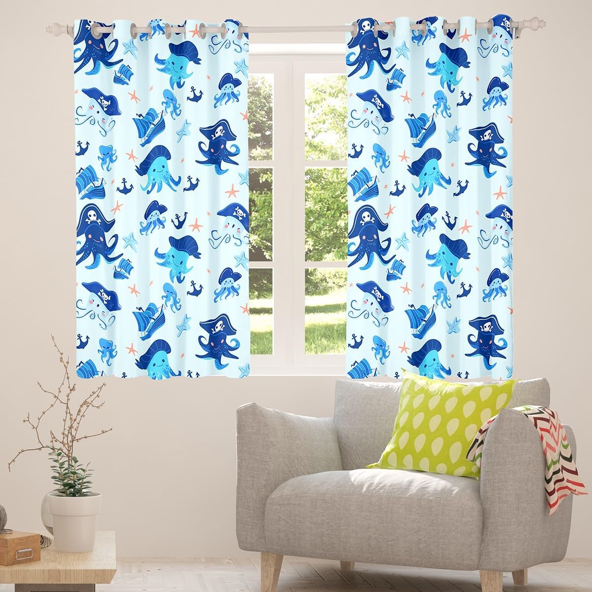 Manfei Kawaii Octopus Curtains,Kids Aults Teens Room Decor Ocean Nautical Ship Anchor Window Treatment Curtain,Watercolor Sealife Cartoon Starfish Window Drapes,Top 2 Panel,52Wx90L